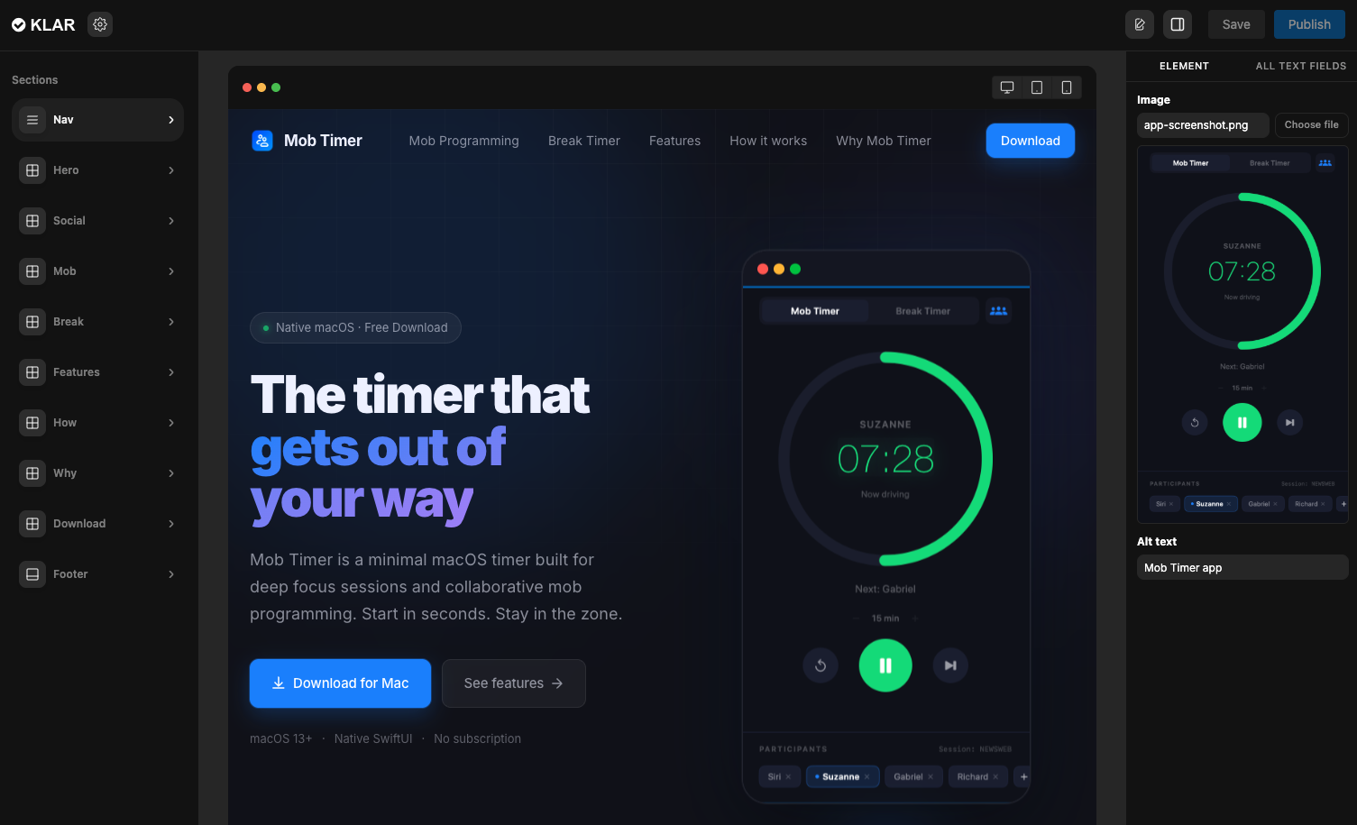 Klar CMS editor interface showing visual editing, sections panel, and element properties